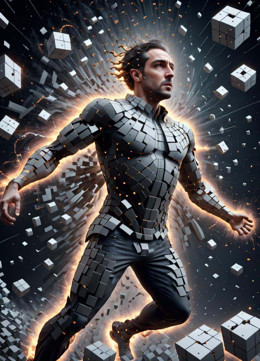 concept art concept art a man in a 3d animation with cubes flying around him,  human body breaking away,  explosion of dat...