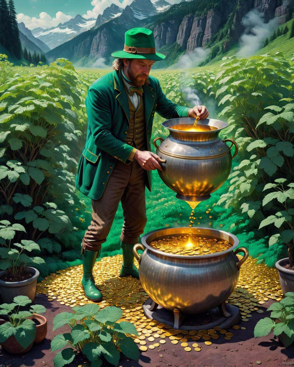 concept art a man in a green hat is preparing a pot of gold,  pots of gold,  with many gold coins on Tensor.Art