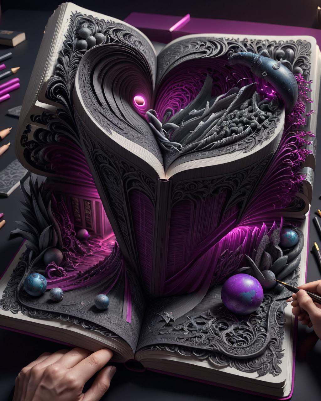 concept art a person is drawing a book with a lot of drawings,  highly detailed dark art,  intricate 3 d illustration on T...