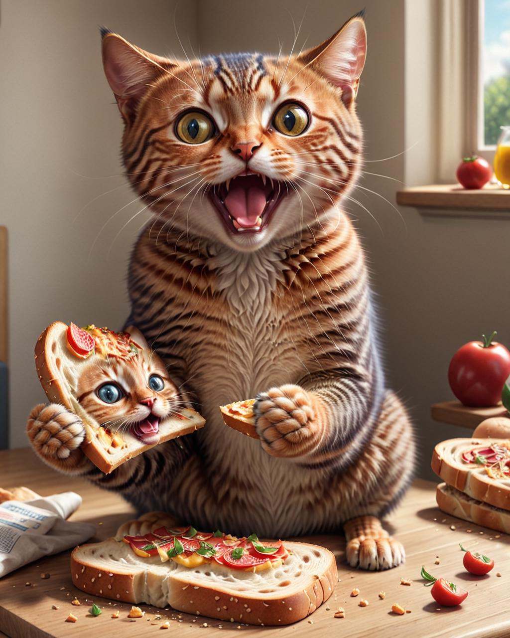 concept art a cat holding a piece of bread,  cat eating pizza,  cat eating on Tensor.Art