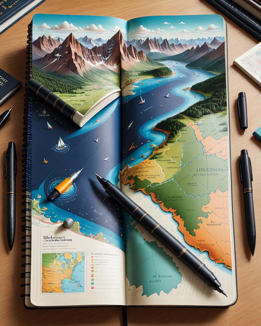concept art a notebook with a map and pens on it,  map cartography,  cartography on Tensor.Art