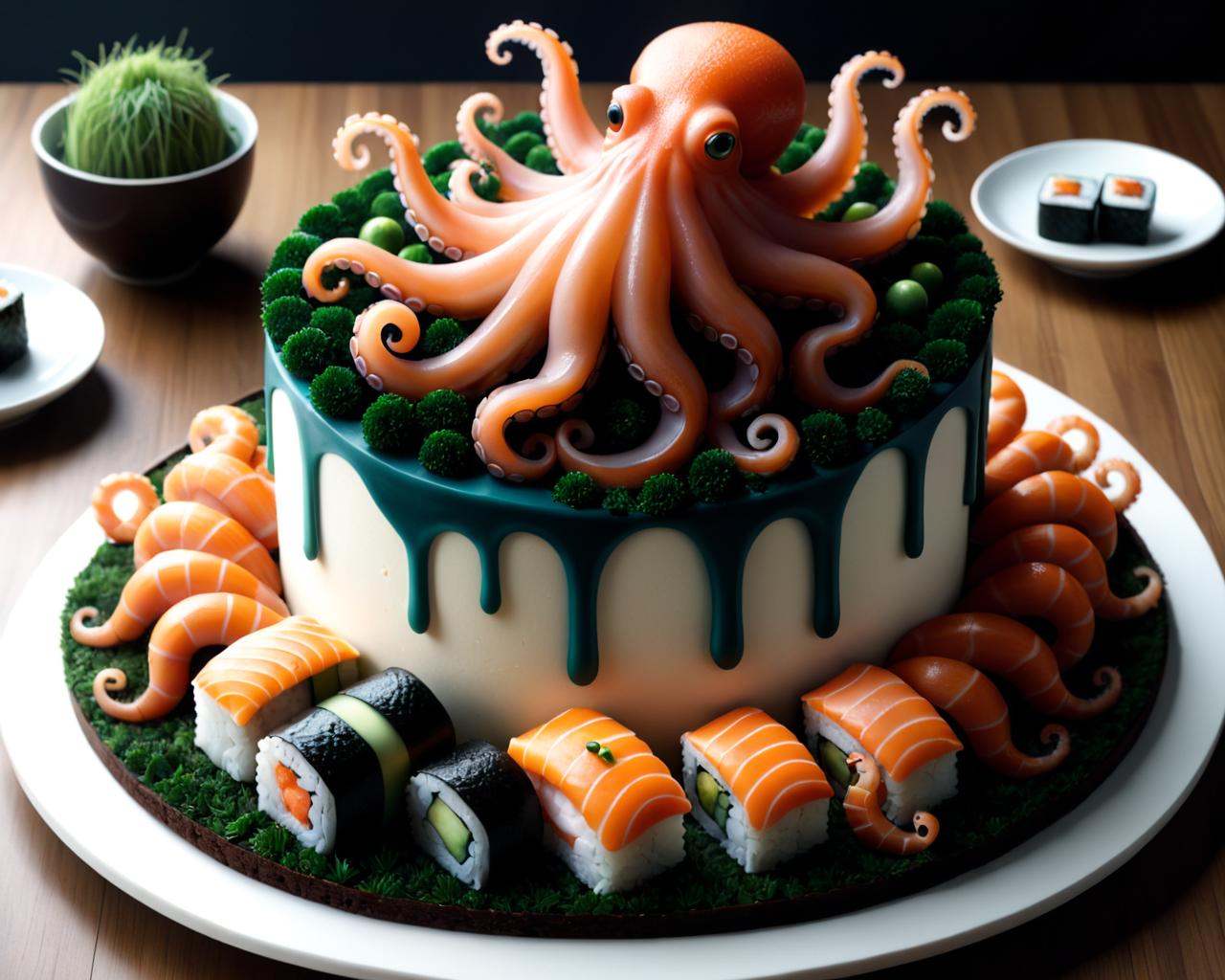 Surrealist art there is a cake with sushi and octopus on it,  amazing food illustration,  super realistic food picture on...