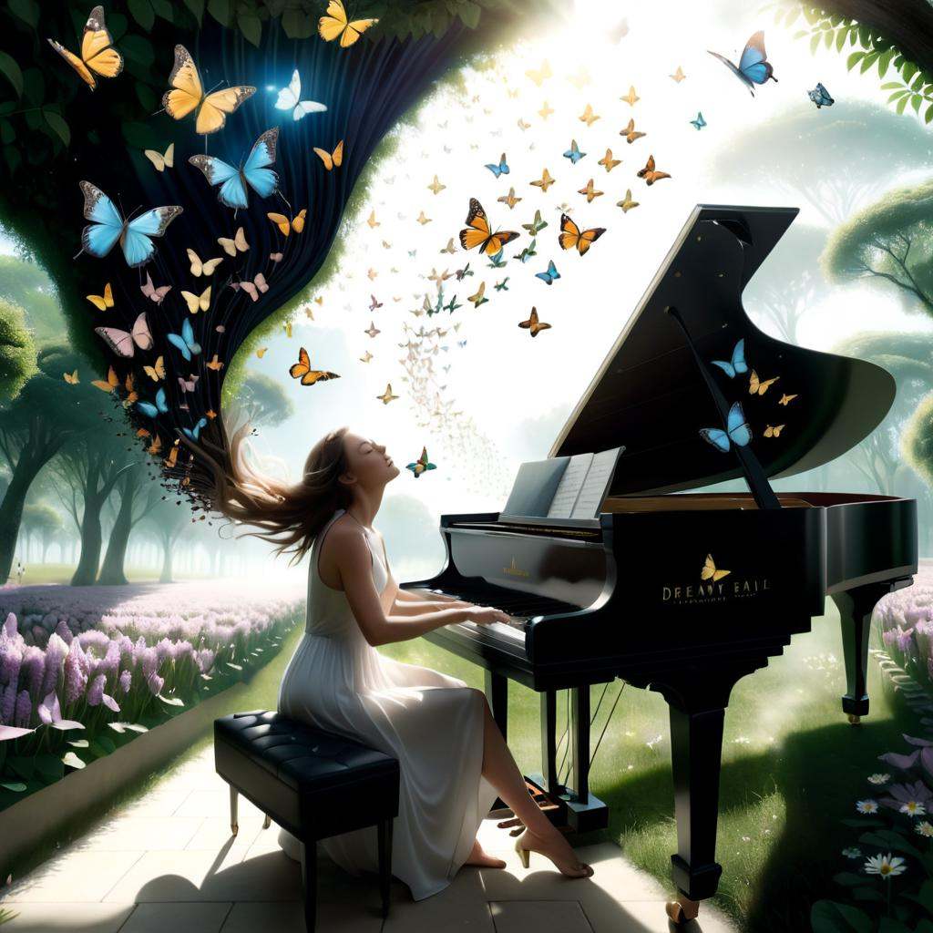 Advertising poster style a woman is playing a piano with butterflies around it,  dreamy matte painting,  springtime mornin...