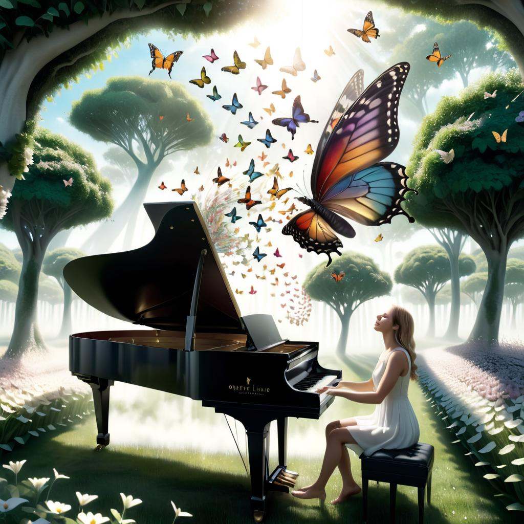 Advertising poster style a woman is playing a piano with butterflies around it,  dreamy matte painting,  springtime mornin...