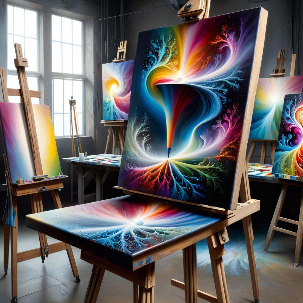 Surrealist art a painting of a colorful abstract painting on a easel,  spiralling fractals,  studio lighting ; photorealis...