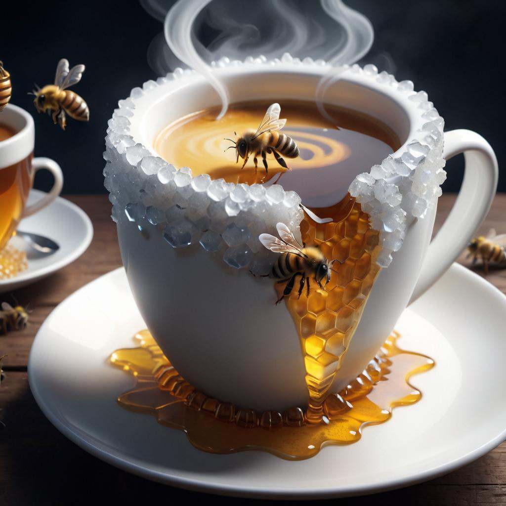 concept art 4K photorealistic image of a coffee cup,  but instead of ceramic,  it's crafted from crystallized honey. When...