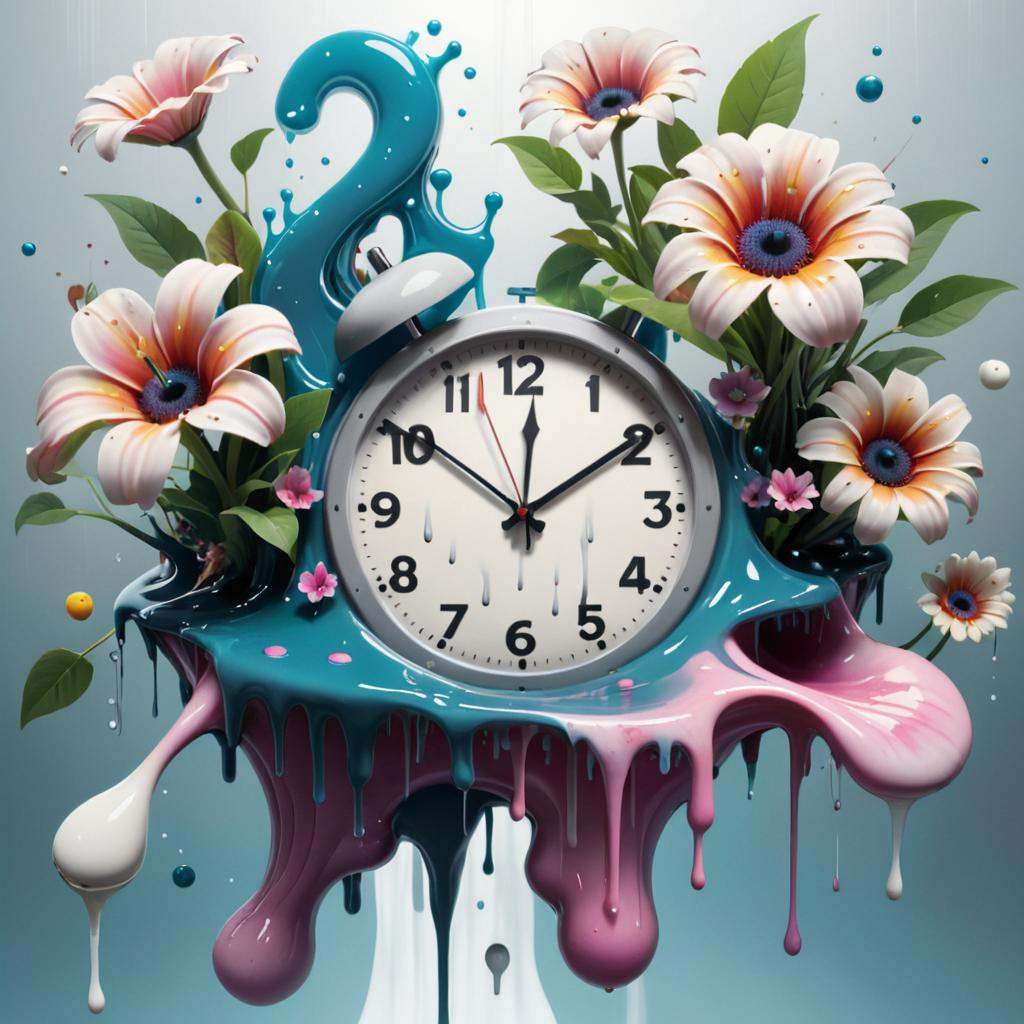 "Advertising type modern surreal composition featuring unconventional elements like floating clocks,  melting objects,  an...