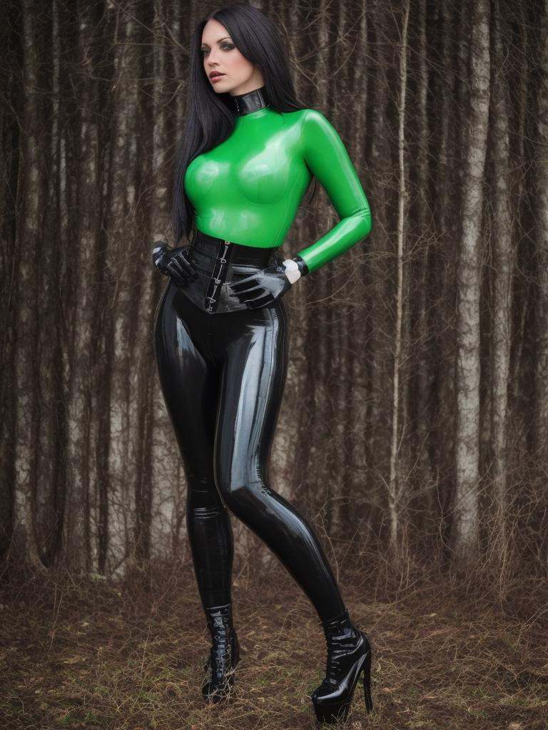 beautifull woman in glossy+++ latex+++ corset latex model green color glossy rubber latex+++ dress,  (full body sexy pose)...