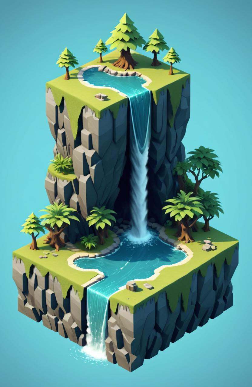 Flat papercut style a fantasy island with a waterfall and trees,  isometric 3d fantasy island,  isometric island in the sk...
