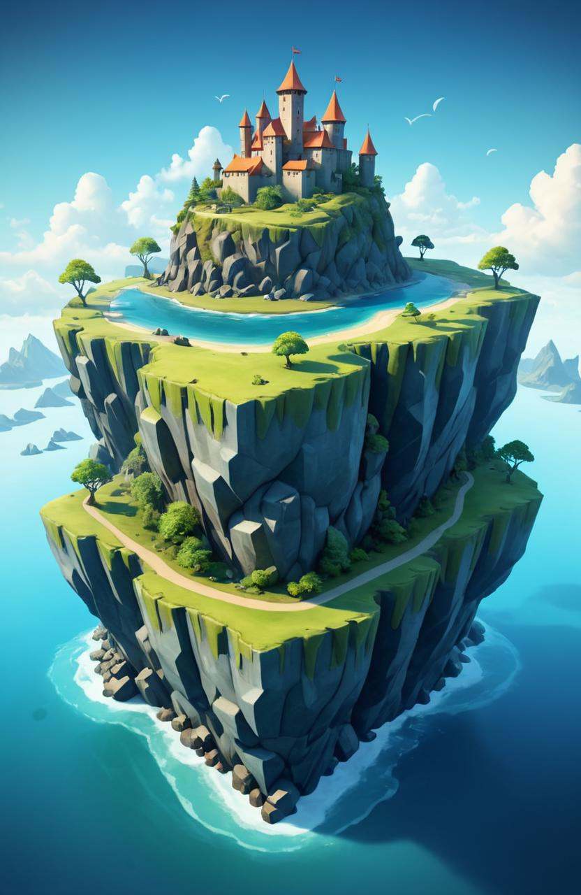 Watercolor painting a small island with a castle on it,  3 d render stylized,  stylized 3d render on Tensor.Art
