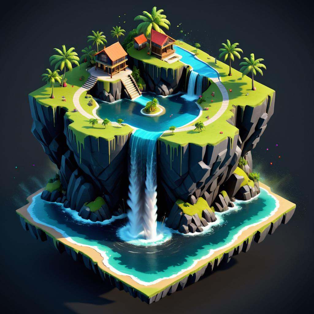 isometric style of a house on an island with a waterfall,  stylized 3d render,  3 d render stylized on Tensor.Art