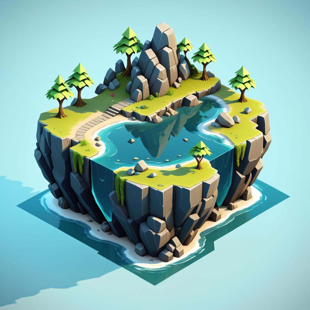 isometric style a small island with trees and rocks,  3 d render stylized,  stylized 3d render on Tensor.Art