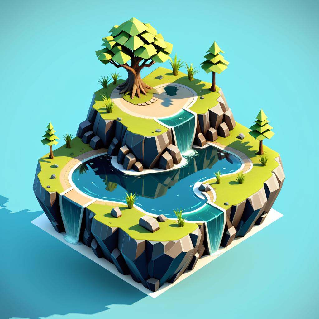 isometric style a 3d model of a small island with a lake,  3 d render stylized,  stylized 3d render on Tensor.Art