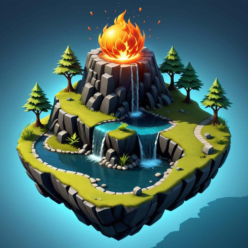 isometric style of a small island with trees and a stream,  3 d render stylized,  stylized game art on Tensor.Art