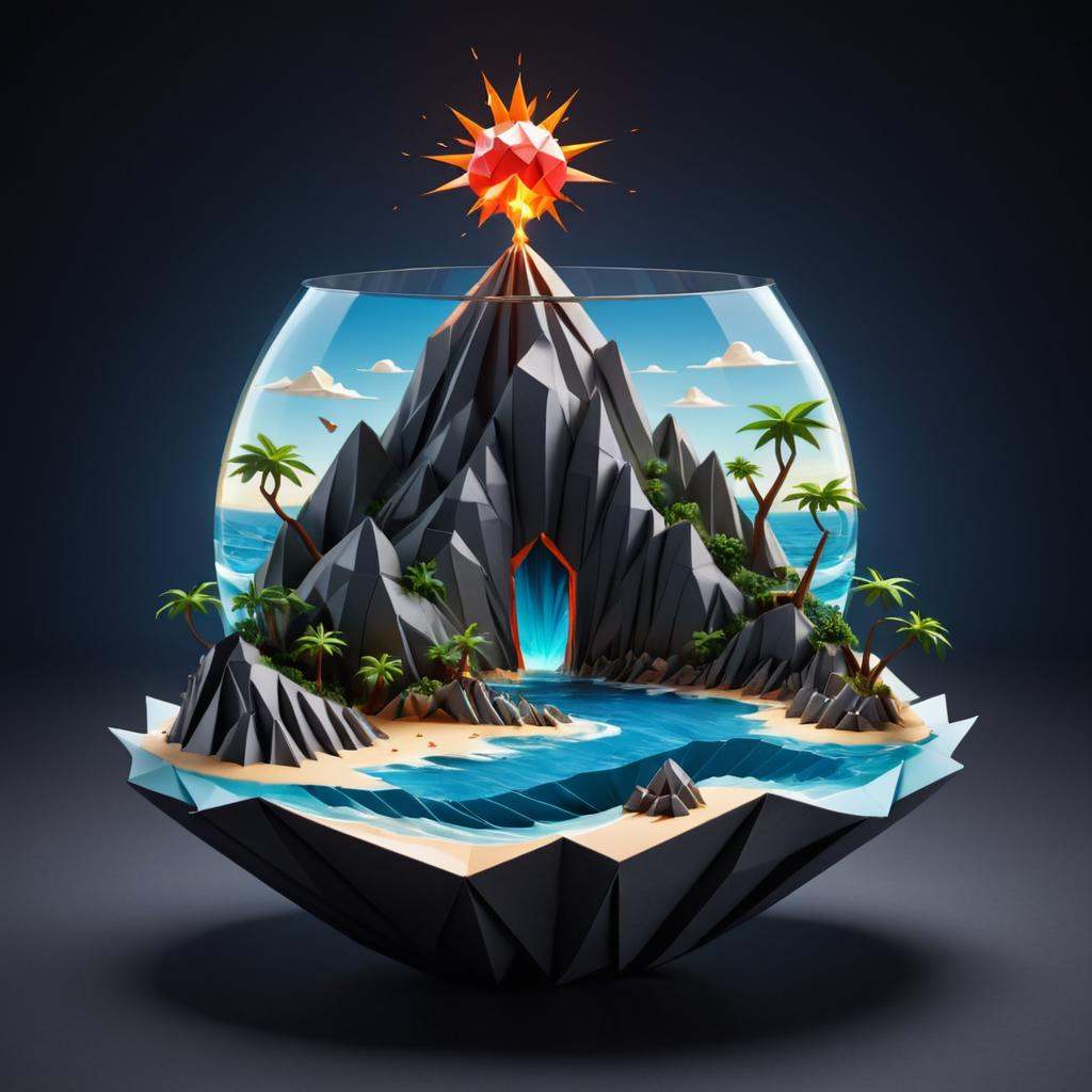 origami style a glass with an island in it,  stylized digital illustration,  full of glass. cgsociety on Tensor.Art