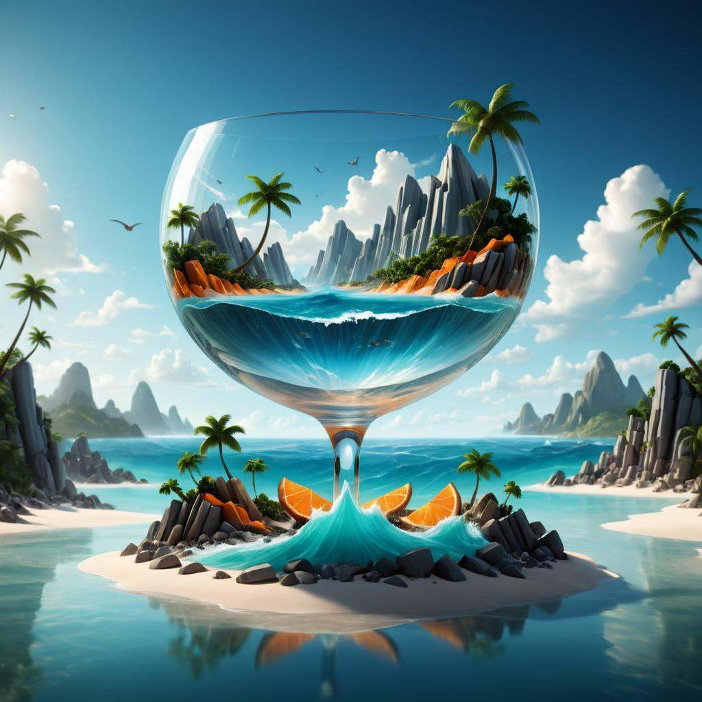 cinematic film still a glass with a tropical island in it,  4k highly detailed digital art,  stunning digital illustration...