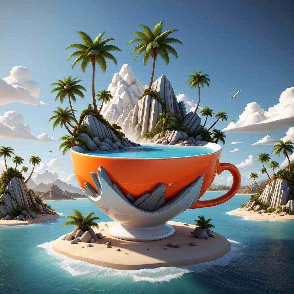 Cubist artwork a cup of tea on an island with palm trees,  3 d render stylized,  rolands zilvinskis 3d render art on Tenso...