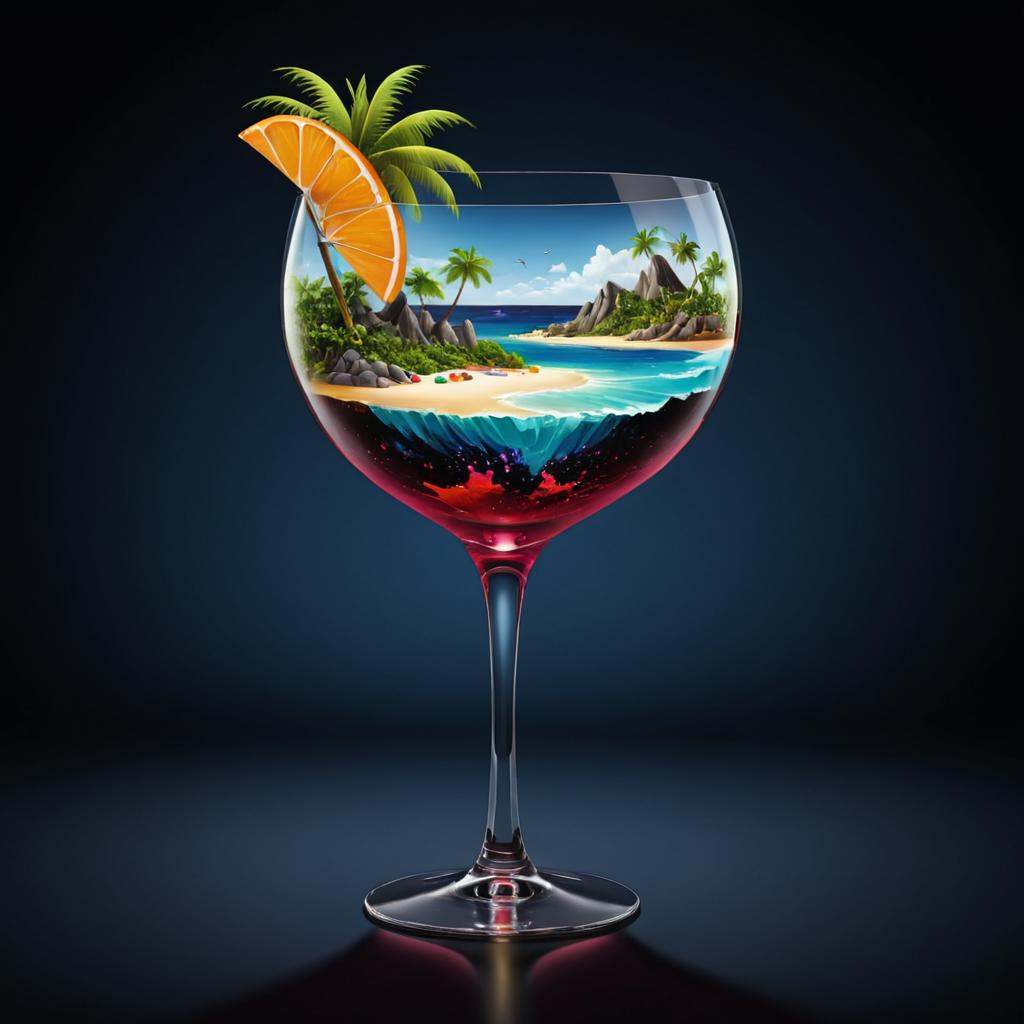 Strategy game style a cocktail glass with a tropical island in it,  rendered illustration,  cocktail in an engraved glass...