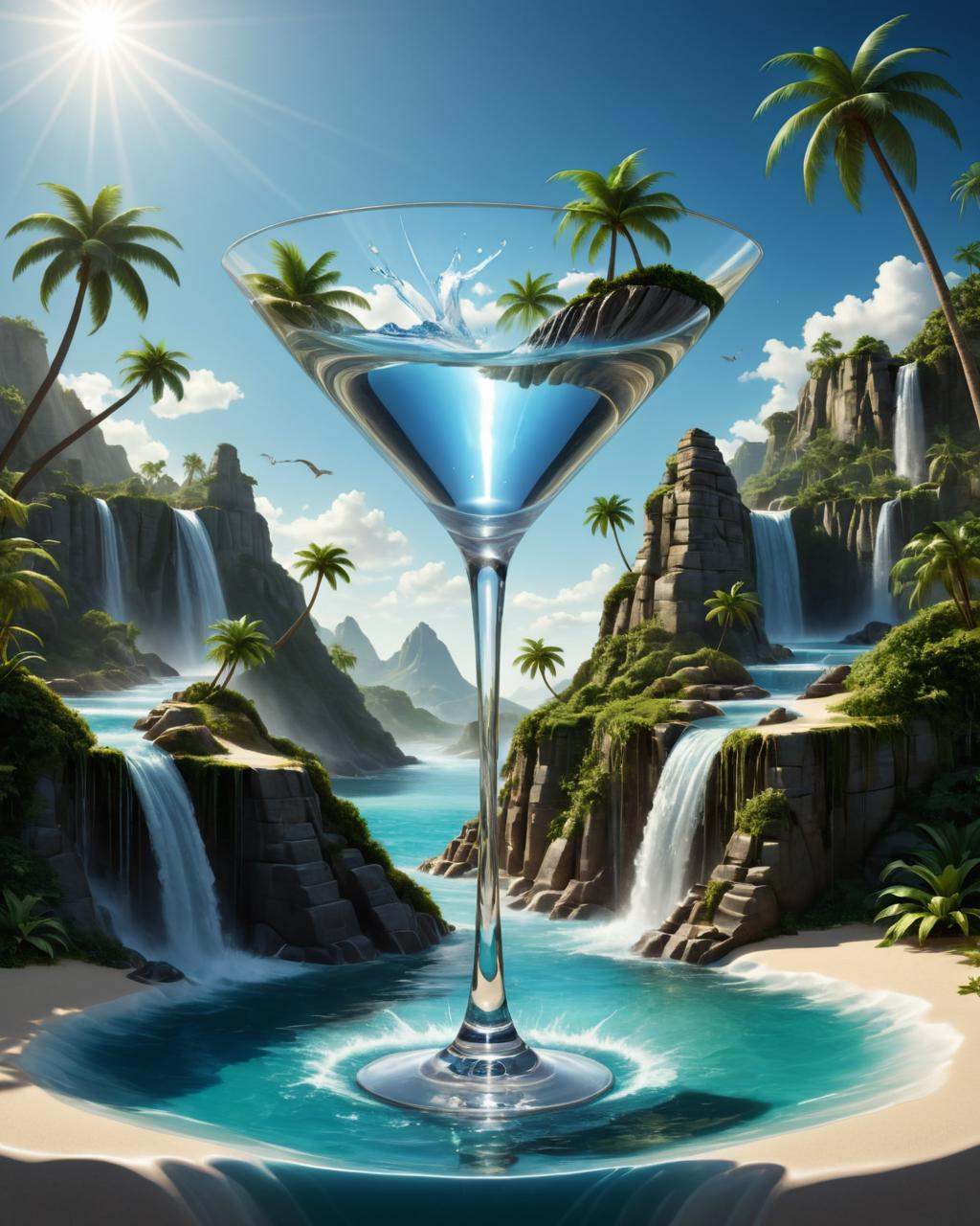 Renaissance style of a martini glass with a waterfall and palm trees,  water art manipulation,  surreal water art on Tenso...
