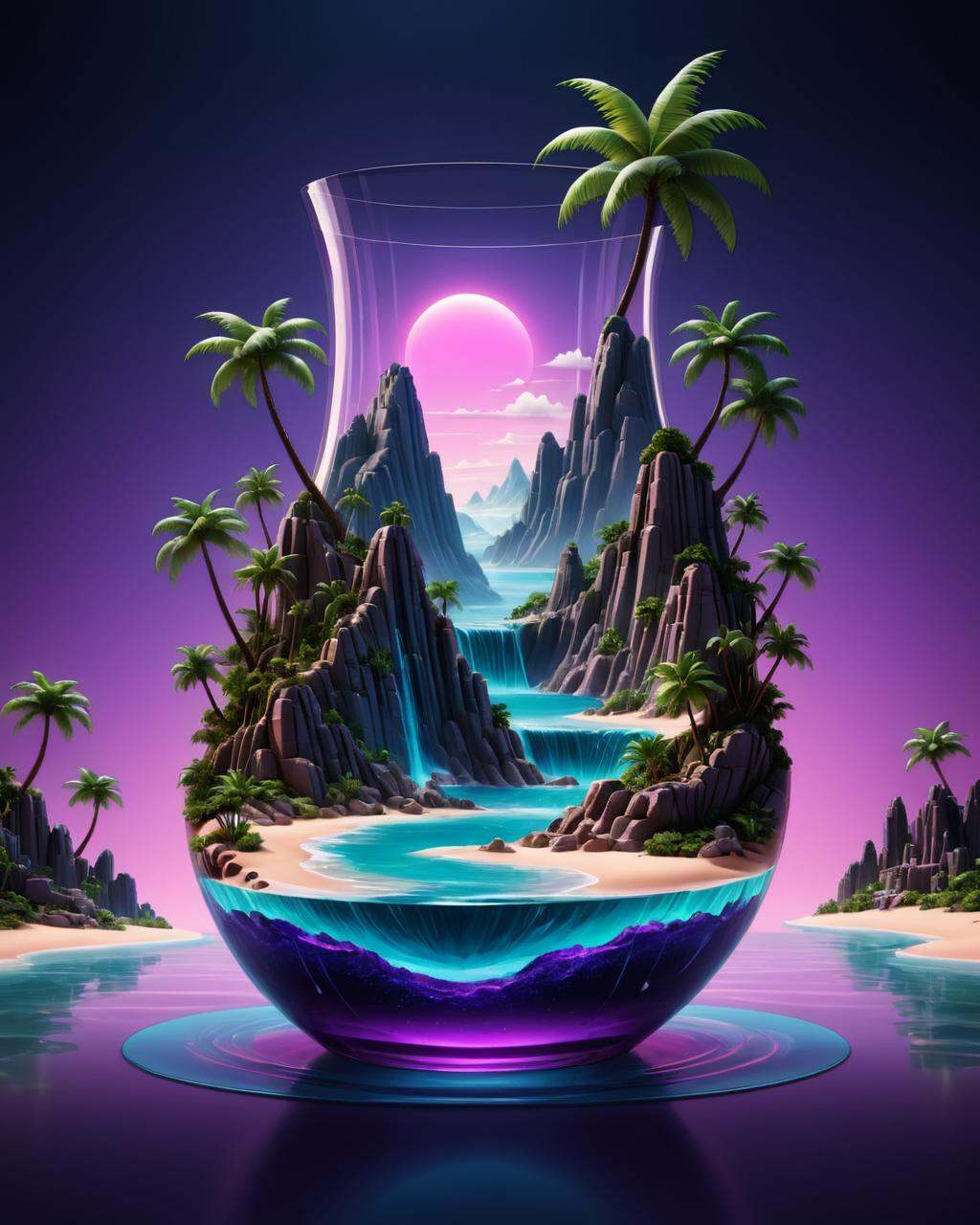 neonpunk style of a glass vase with a tropical island in it,  surreal 3 d render,  surreal water art on Tensor.Art