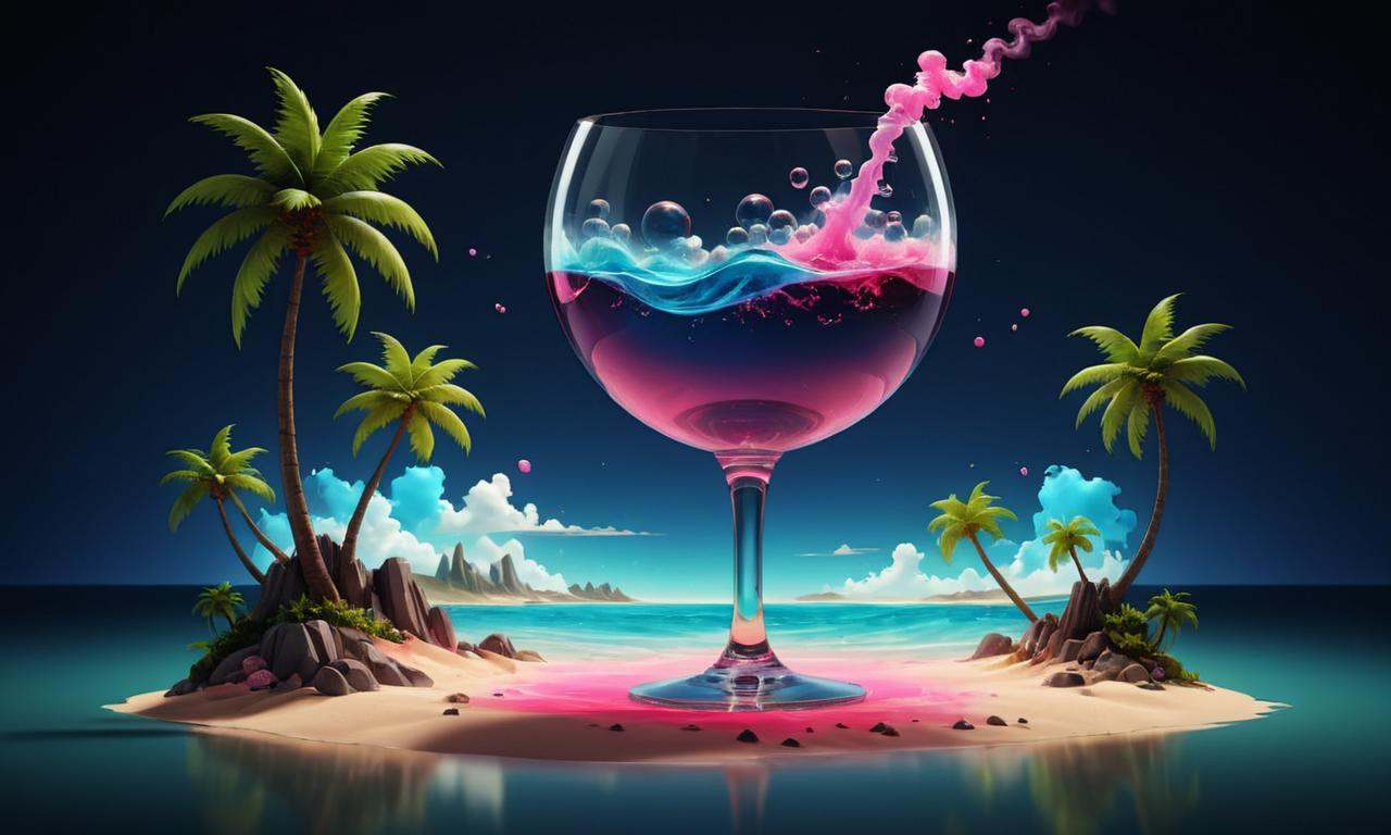 Grunge style a glass of wine with palm trees and a beach,  in style of cyril rolando,  stylized digital illustration on Te...