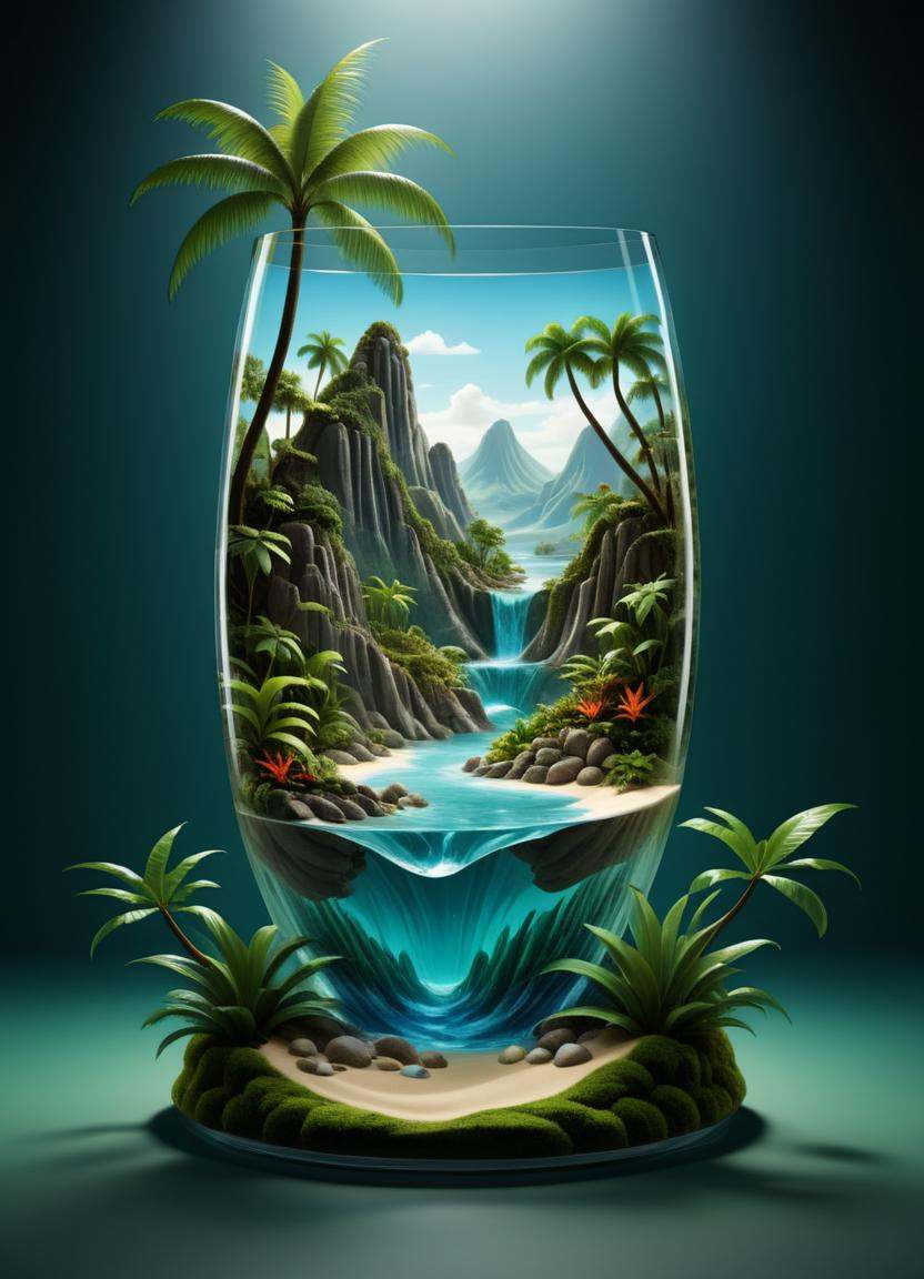 Surrealist art a glass vase with a tropical scene inside,  water flows inside the terrarium,  full of glass. cgsociety on...