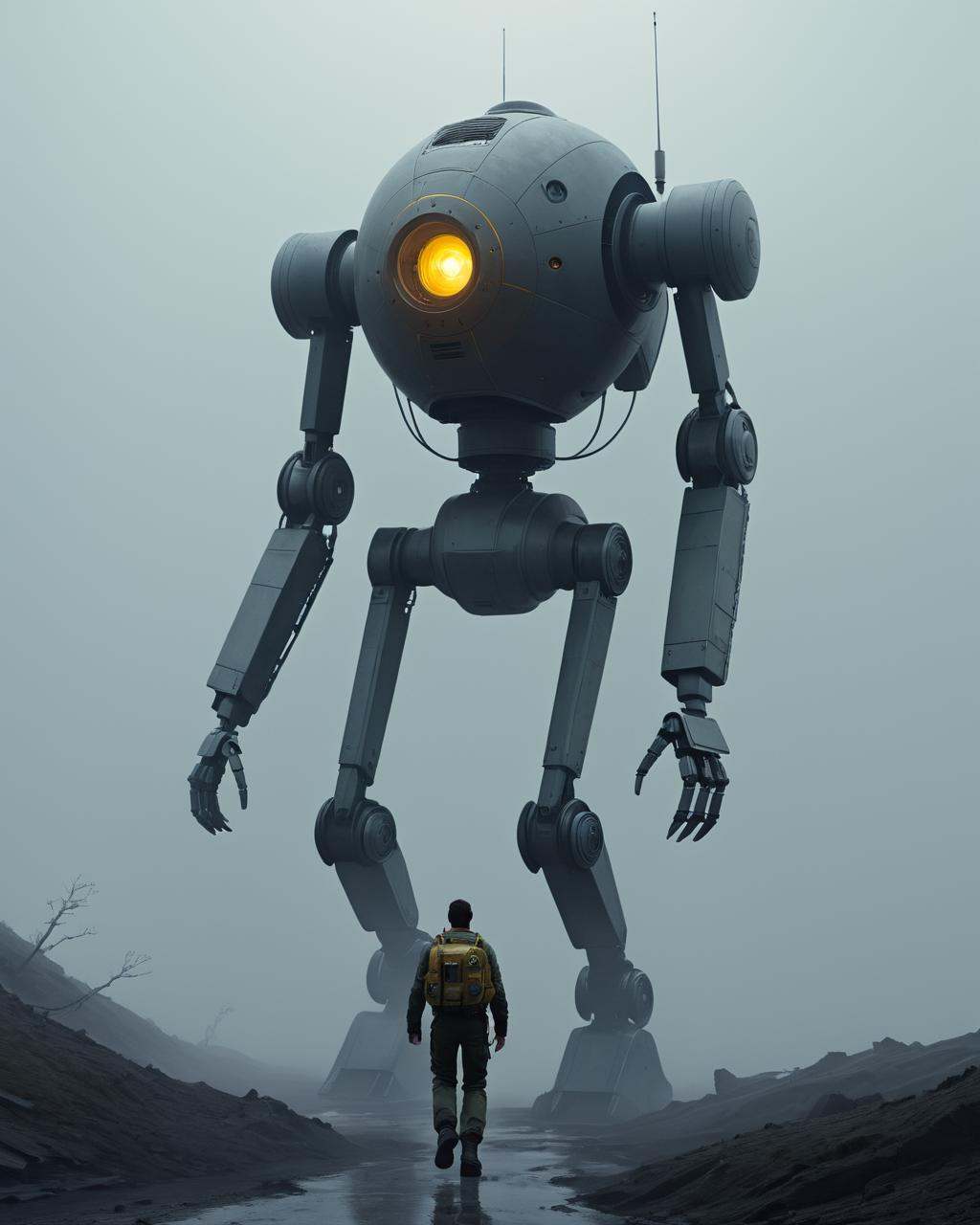 concept art a large robot is walking through the fog,  wojtek fus,  dramatic sci-fi movie still on Tensor.Art