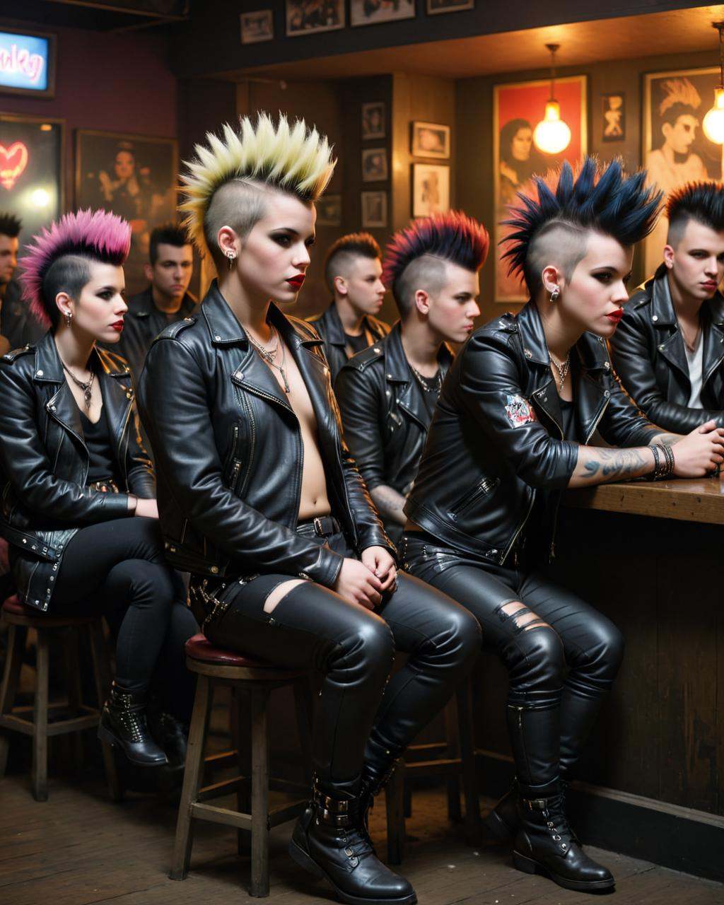 concept art a group of people sitting at a bar,  punk rock with mohawks,  punks on Tensor.Art