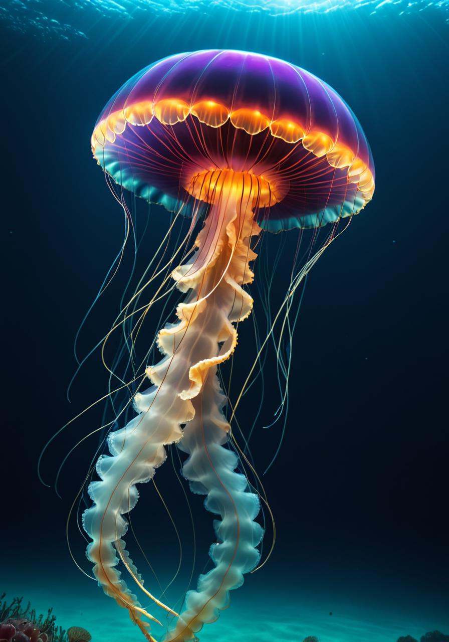 Hyperrealistic art a jellyfish swimming in the ocean,  jelly fish dancing,  translucent glowing jellyfish on Tensor.Art