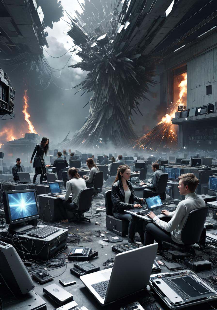 Hyperrealistic art a group of people with laptops and other electronics,  epic scene full of computers,  room full of comp...