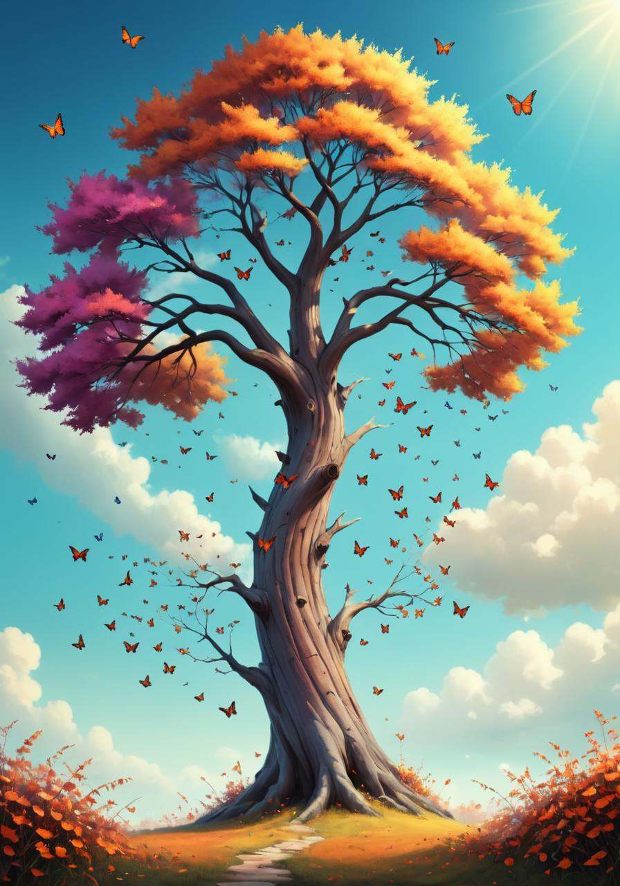 Hyperrealistic art a tree with butterflies flying around it,  a beautiful artwork illustration,  beautiful painting of a t...