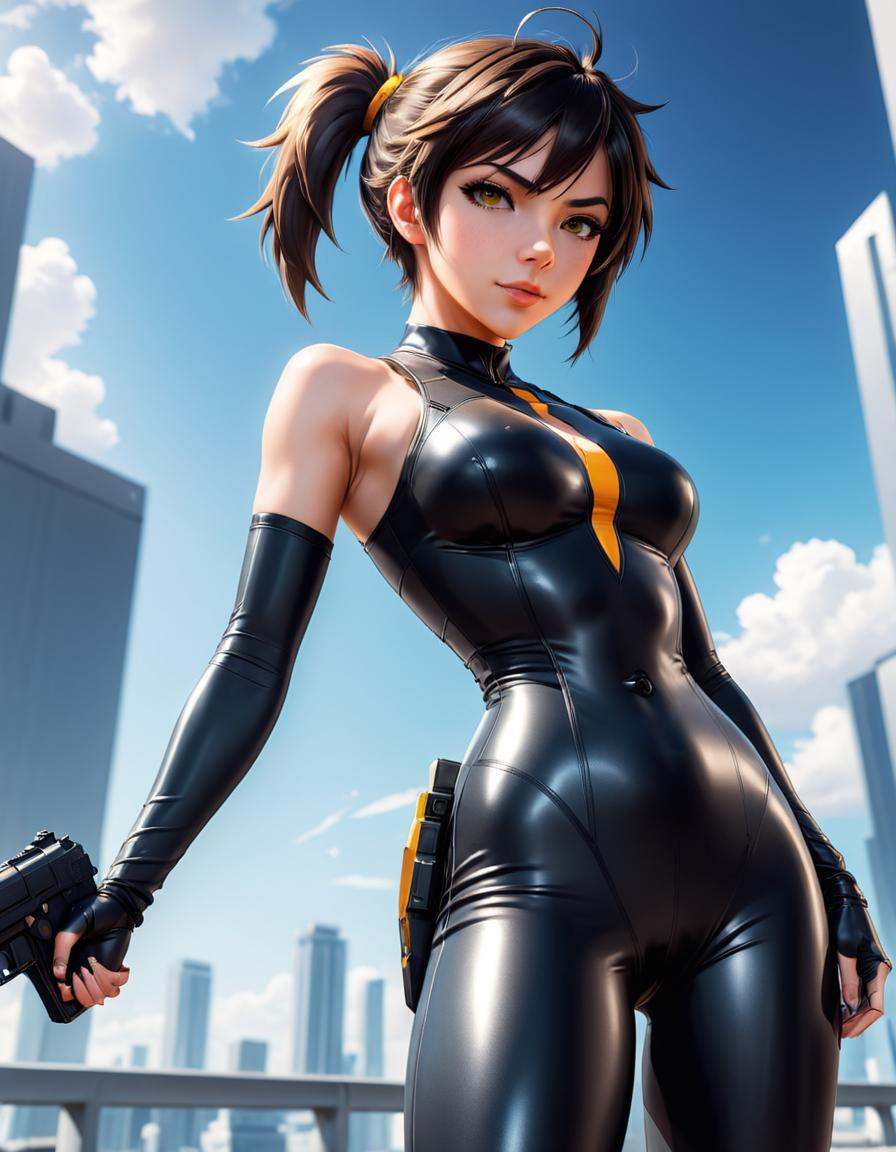 cinematic photo ,  "a girl in a black outfit with a gun,  tracer in a skintight dress on Tensor.Art