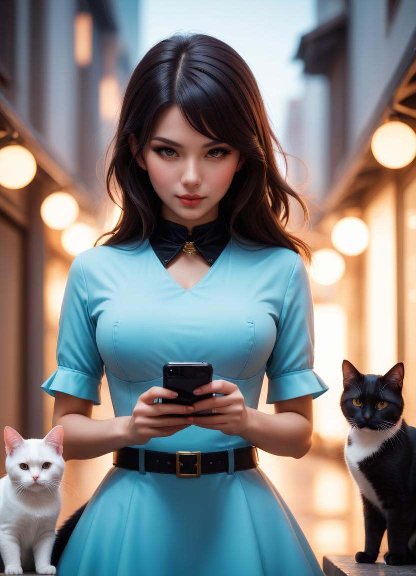 cinematic film still a girl holding a phone and a cat,  alena aenami and artgerm,  video game digital art on Tensor.Art