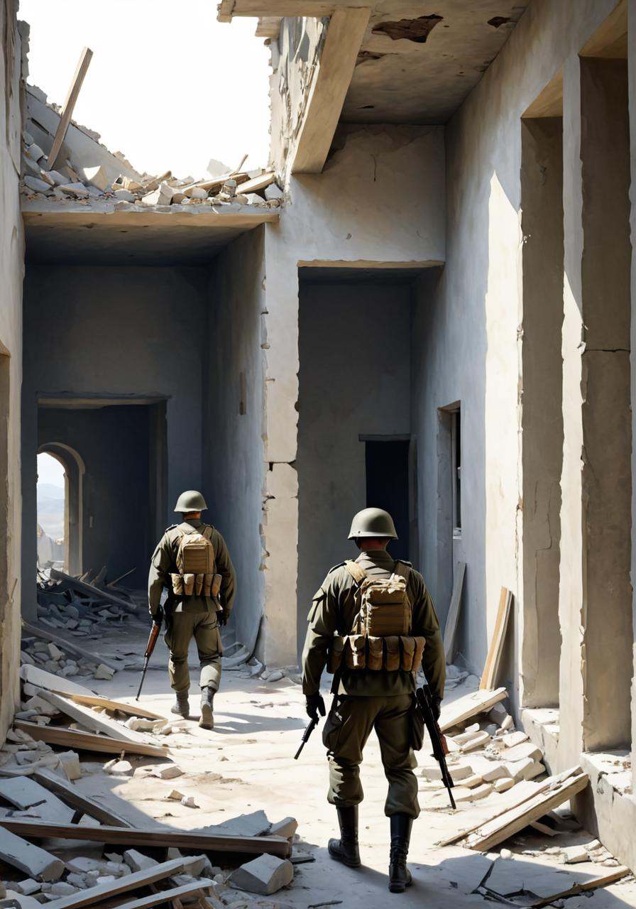 concept art a painting of soldiers walking through a ruined house,  by Ludwik Konarzewski,  by Ludwik Konarzewski Jr on Te...