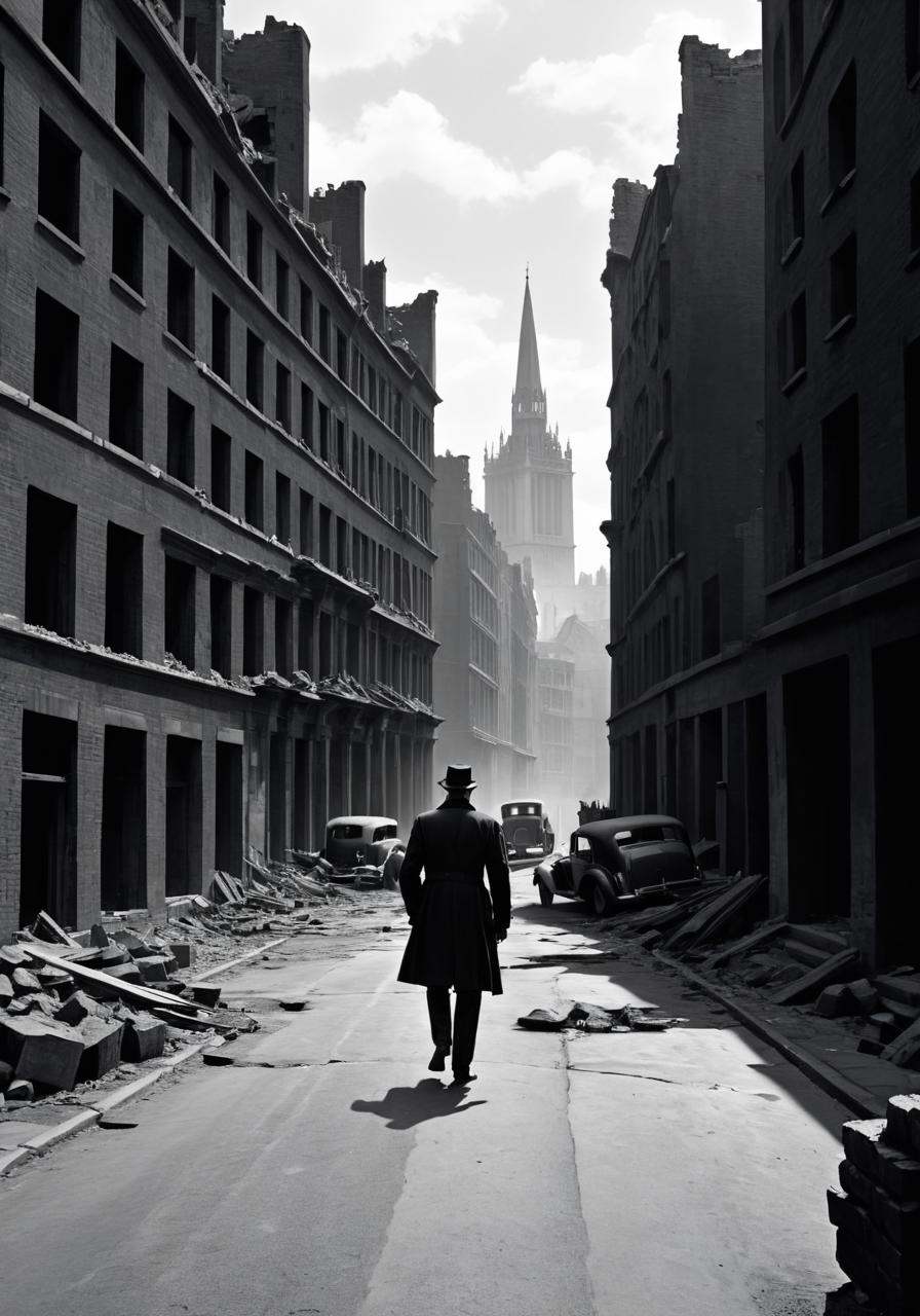 concept art a man walking down a street in a city,  in the ruins of london,  destroyed city in the background on Tensor.Art