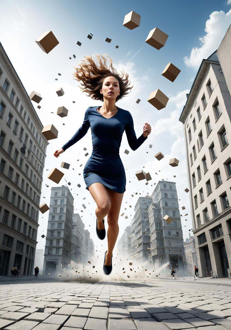 concept art a woman is running through a city with blocks flying around her,  surreal photo,  photography alexey kurylev o...