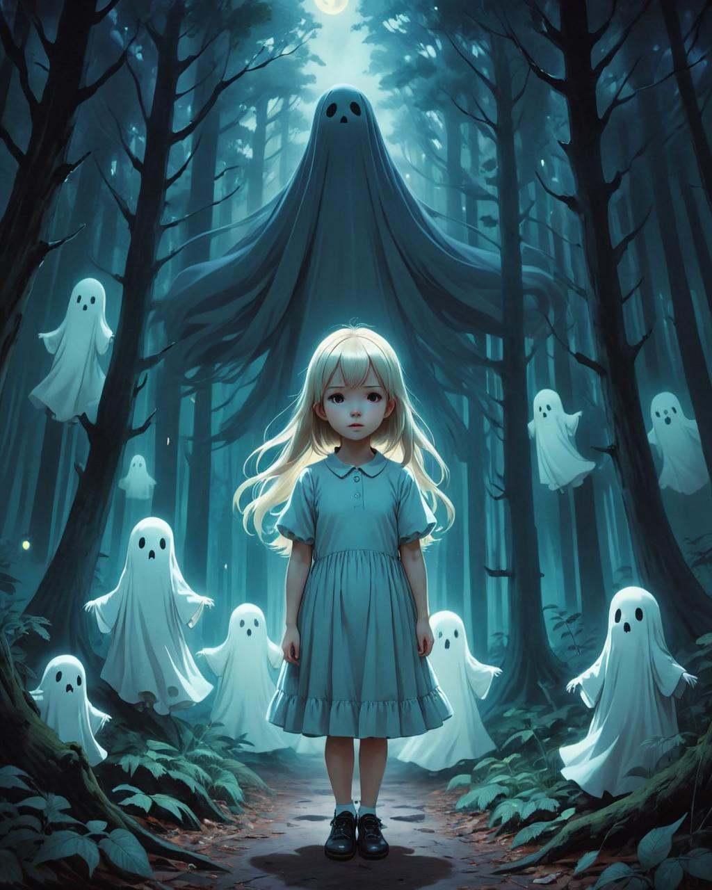 anime artwork ,  "a painting of a girl in a dark forest with a lot of ghosts,  ghosts on Tensor.Art