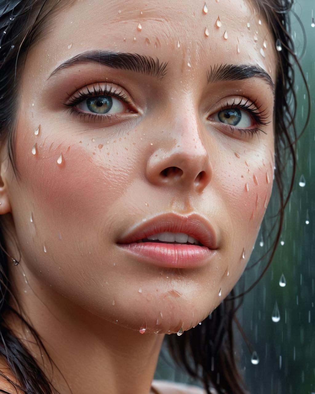 Collage style ,  "a woman with water drops on her face,  rain drops on face on Tensor.Art
