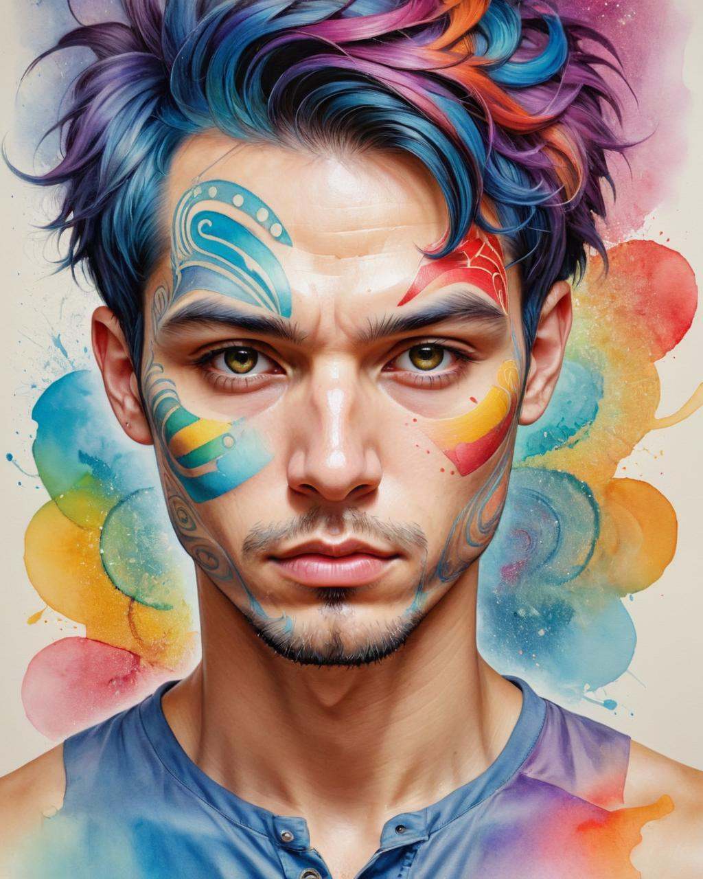 Psychedelic style ,  "a painting of a man with colorful paint on his face,  detailed color portrait on Tensor.Art