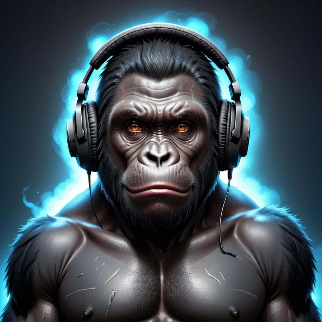 Grunge style a gorilla with headphones on his head,  headphones dj rave,  hq 4k wallpaper on Tensor.Art