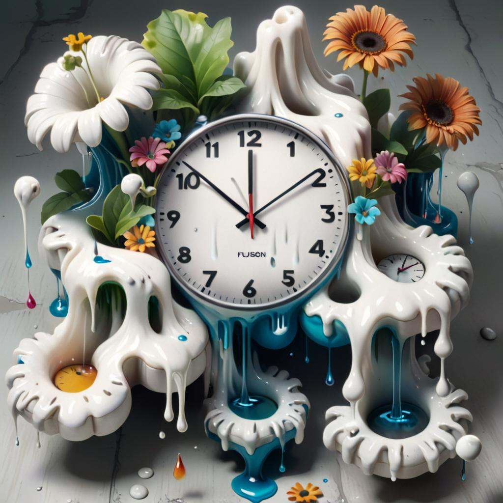 "Advertising type modern surreal composition featuring unconventional elements like floating clocks,  melting objects,  an...