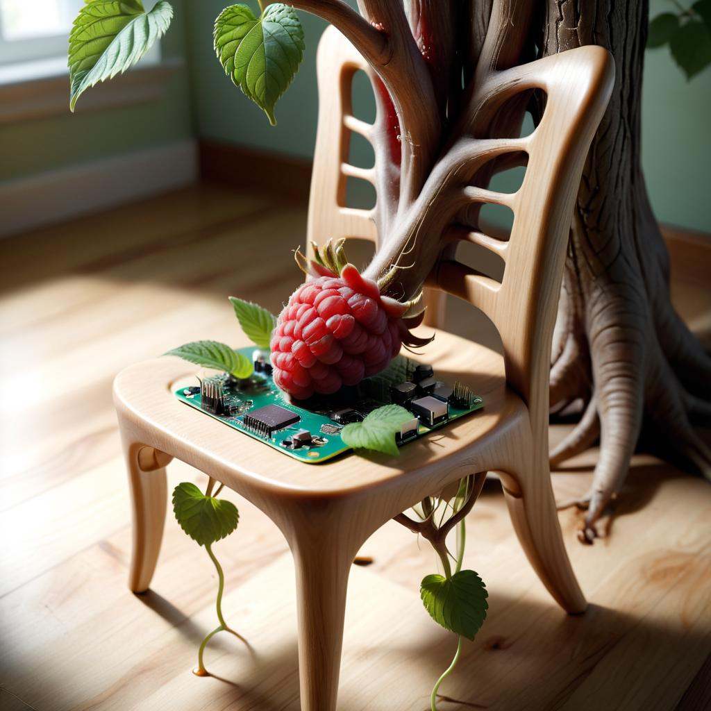 Alien-themed 4K Photorealistic Image of a Wooden Chair,  but Instead of Legs,  It Stands on Slender Tree Branches That Rea...