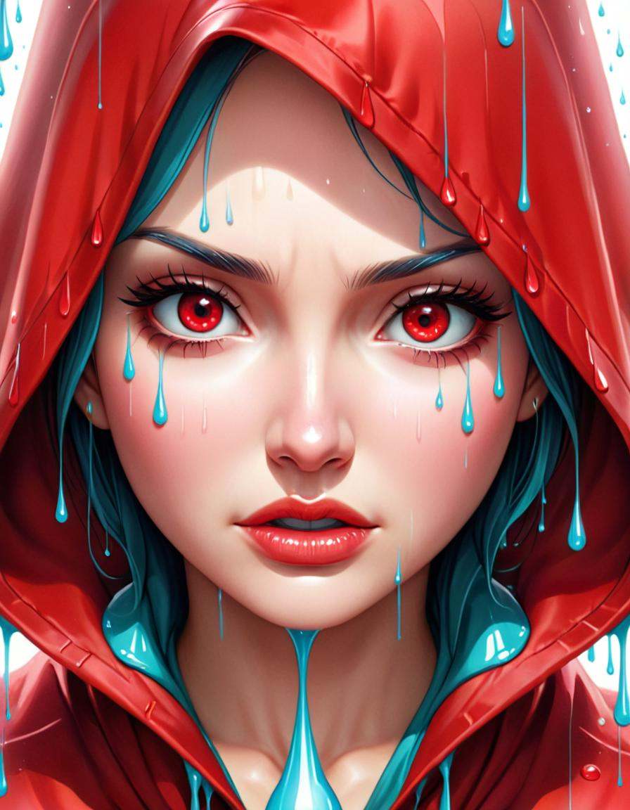 Abstract style of a woman with a red hood and drops of water,  beeple and jeremiah ketner,  beautiful crying! android woma...