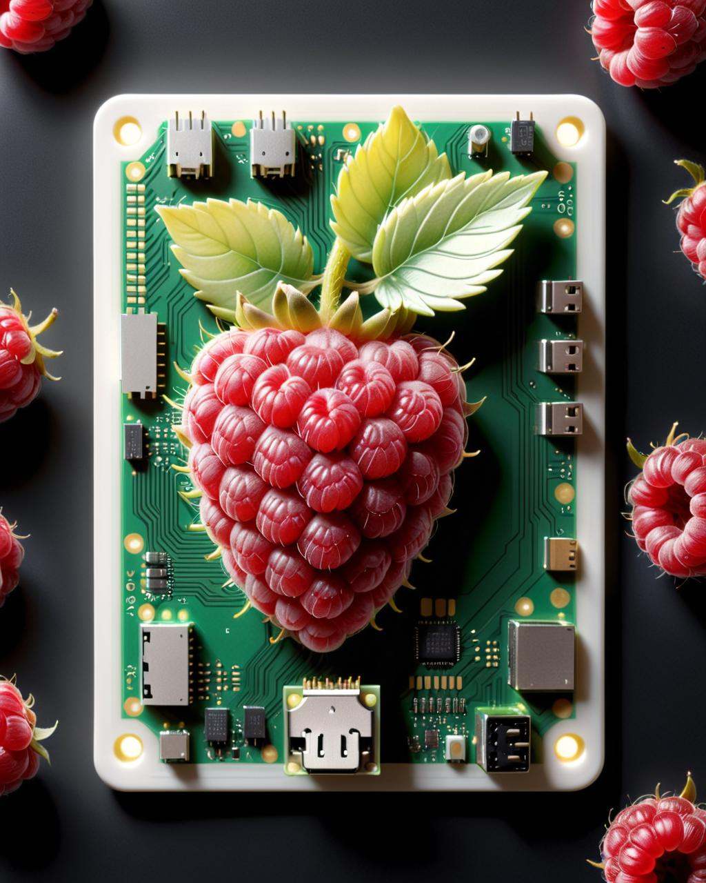 breathtaking Realistic art of a raspberry pi circuit board embedded within an actual raspberry fruit. The fruit's natural...