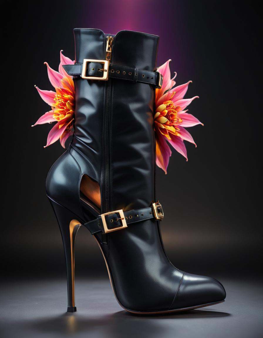 concept art a pair of black high heeled boots with gold buckles,  stylish shoe design,  black shoes on Tensor.Art