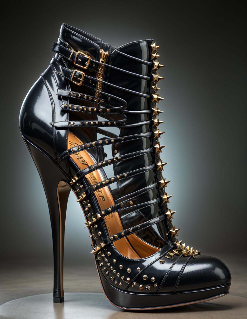 Hyperrealistic art black high heeled shoes with gold studs,  heavy metal rave shoes,  high heels on Tensor.Art