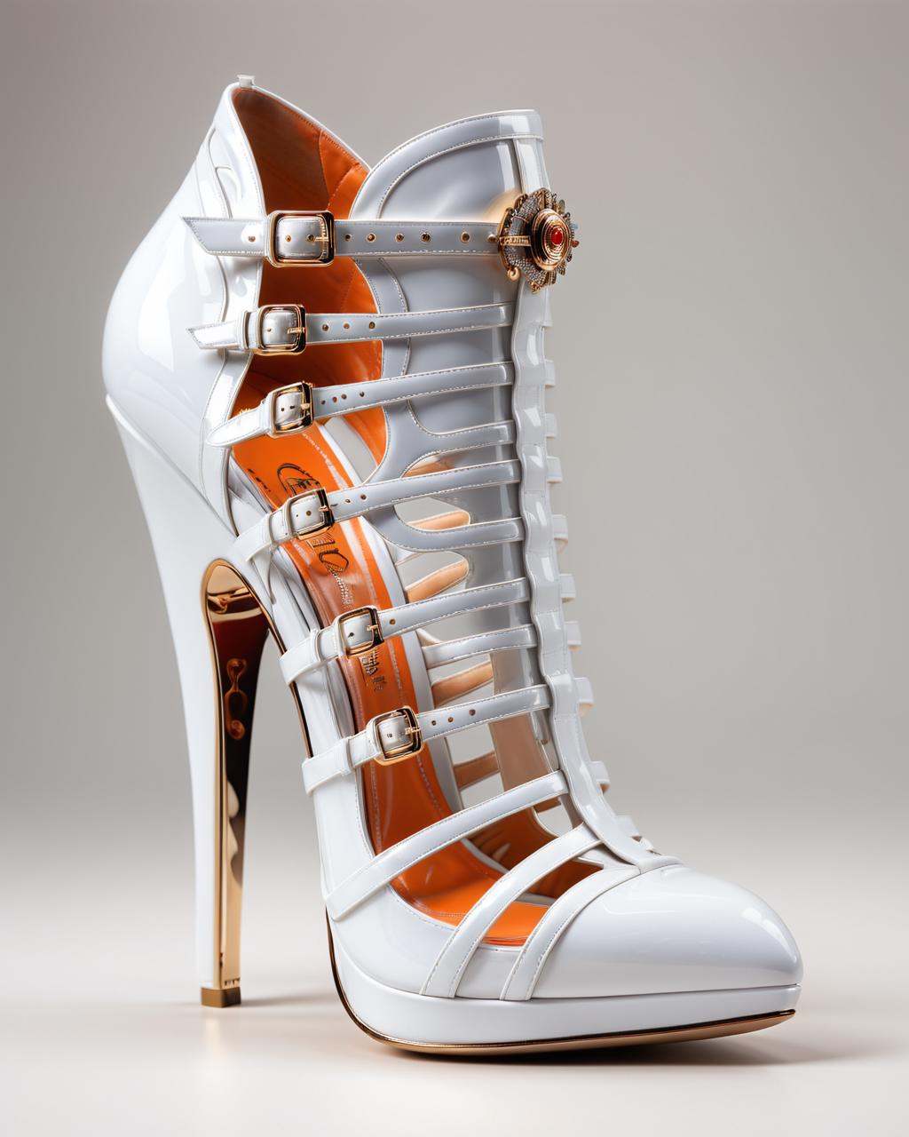 Hyperrealistic art white high heeled shoes with gold buckles,  white shoes,  stylish shoe design on Tensor.Art
