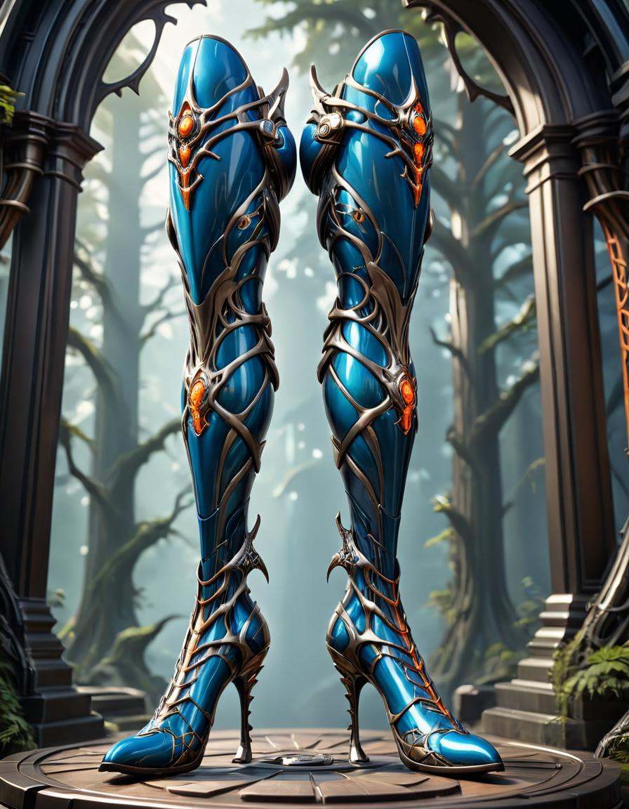Abstract style a pair of high boots with a lot of detail,  sleek dragon legs,  detailed legs towering over you on Tensor.Art