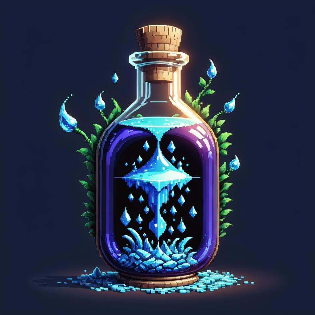 concept art a pixel art image of a bottle with blue liquid inside,  potion of healing,  sprite art on Tensor.Art