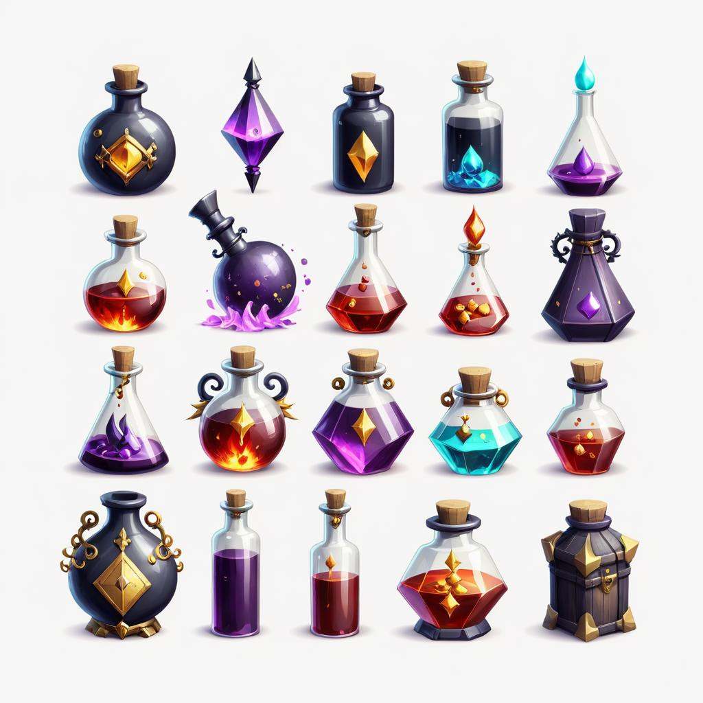 concept art a set of different potions and bottles,  alchemist bottles,  magic potions on Tensor.Art